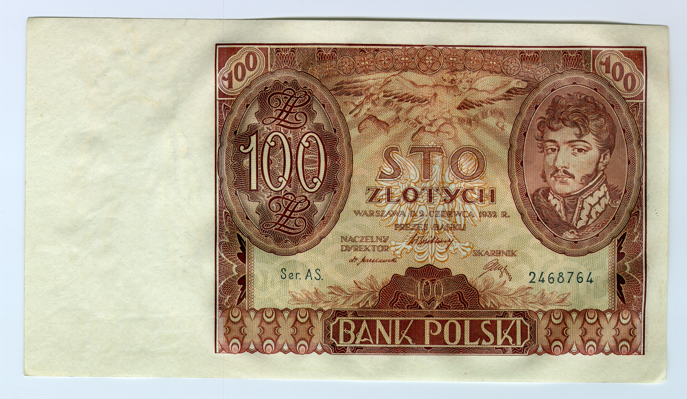 Banknot o nominale 100 złotych z wizerunkiem księcia Józefa Poniatowskiego, 1934 r. – przednia strona