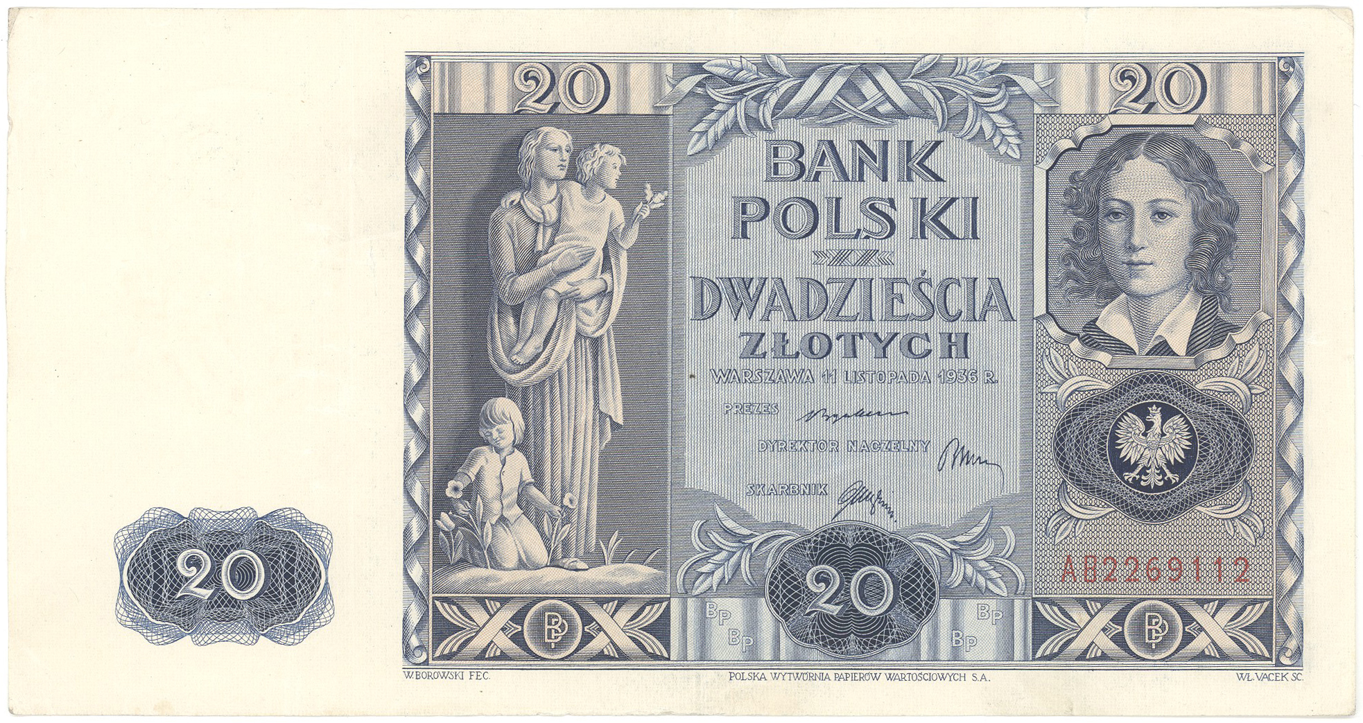 Banknot o nominale 20 złotych z wizerunkiem Emilii Plater, 1936 r. – przednia strona