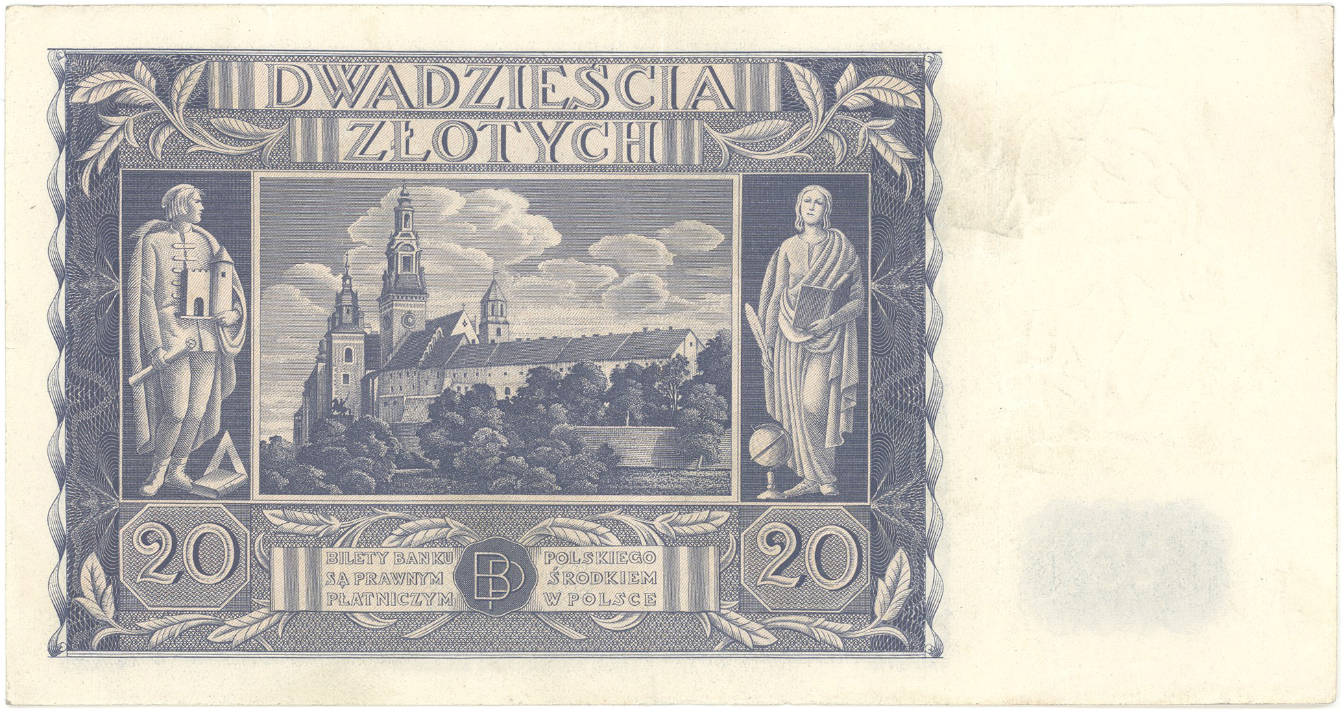 Banknot o nominale 20 złotych z wizerunkiem Emilii Plater, 1936 r.  – odwrotna strona
